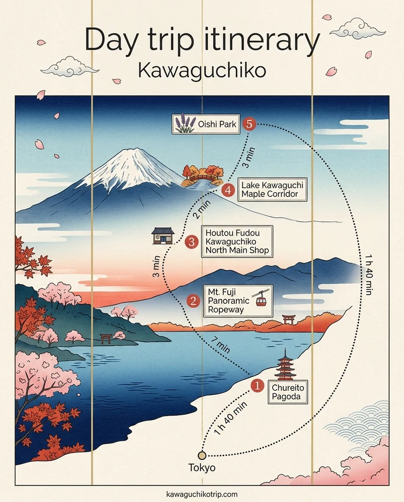 Illustrated poster: Day trip itinerary, Kawaguchiko. Start at Tokyo, 1 h 40 min to stop 1. 1. Chureito Pagoda, then 7 min to stop 2. 2. Mt. Fuji Panoramic Ropeway, then 3 min to stop 3. 3. Houtou Fudou Kawaguchiko North Main Shop, then 2 min to stop 4. 4. Lake Kawaguchi Maple Corridor, then 3 min to stop 5. 5. Oishi Park, then 1 h 40 min to Tokyo. End at Tokyo. kawaguchikotrip.com.