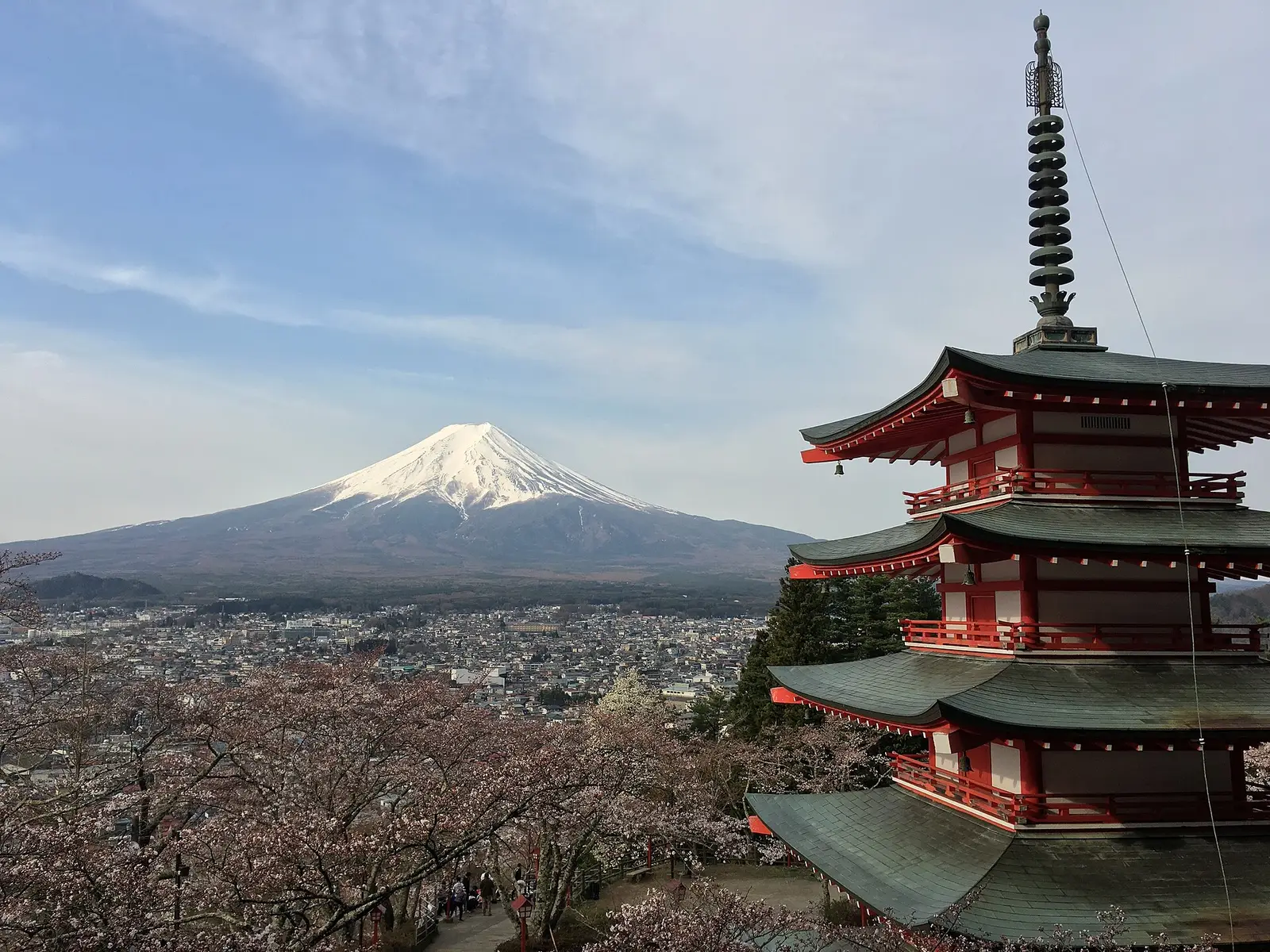 Chureito Pagoda with snow-capped Mt Fuji behind