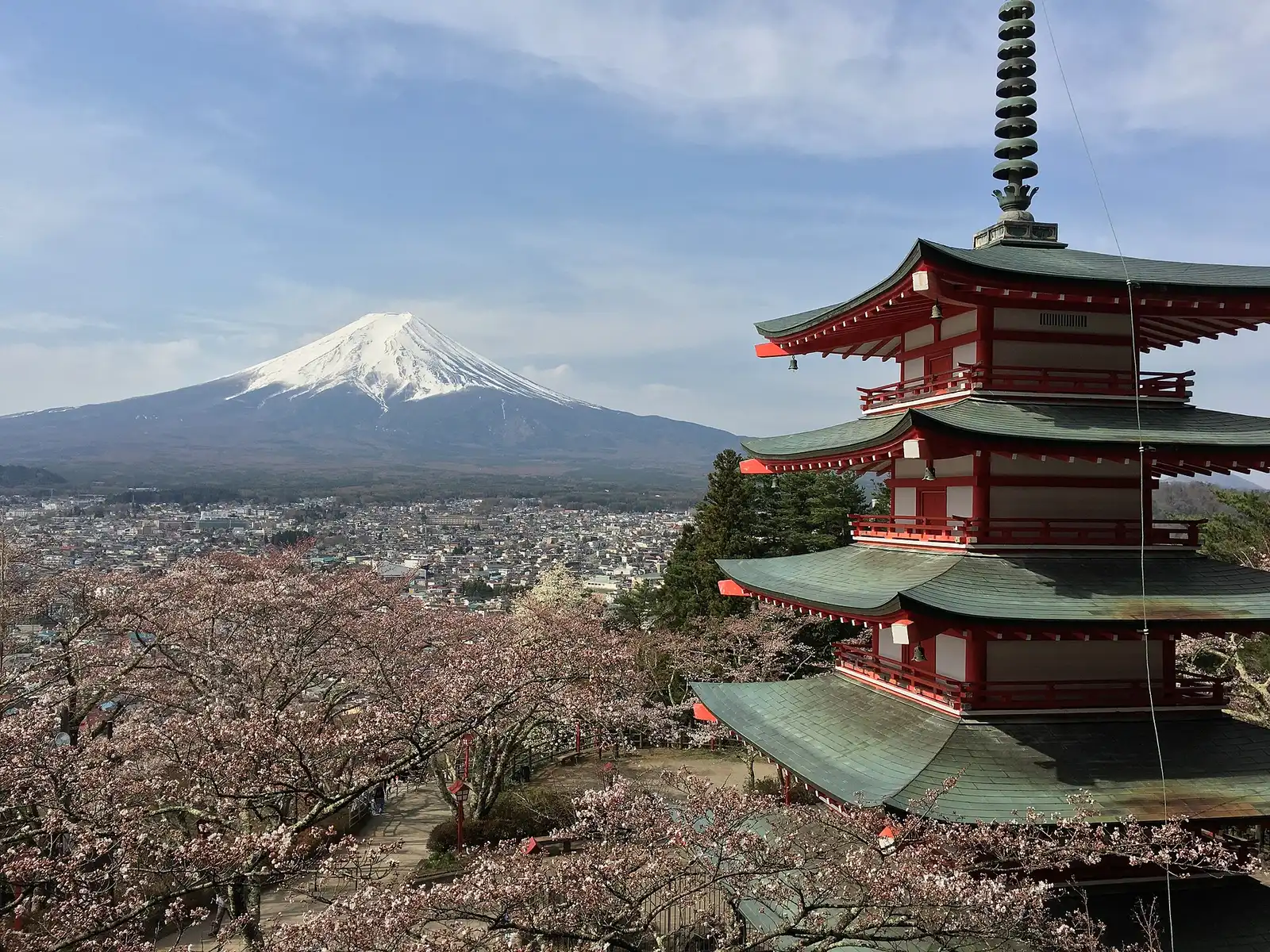 Chureito Pagoda above cherry blossom, Mt Fuji and Fujiyoshida town behind