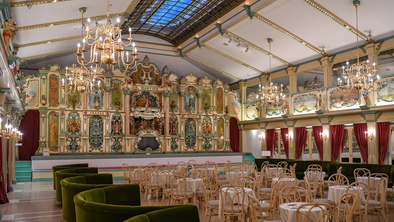 Concert hall with the ornate Mortier dance organ and chandeliers, Kawaguchiko Music Forest Museum