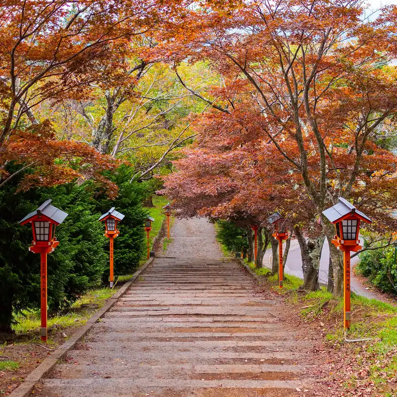 Stone steps under red maples lined with red lanterns, the approach to Arakurayama Sengen Park