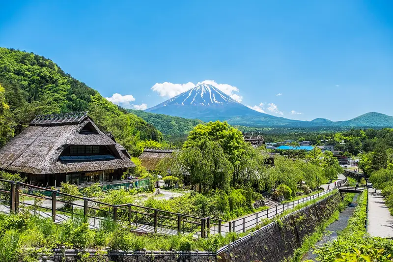 Thatched houses and canal path at Iyashi no Sato Nenba with Mt Fuji behind