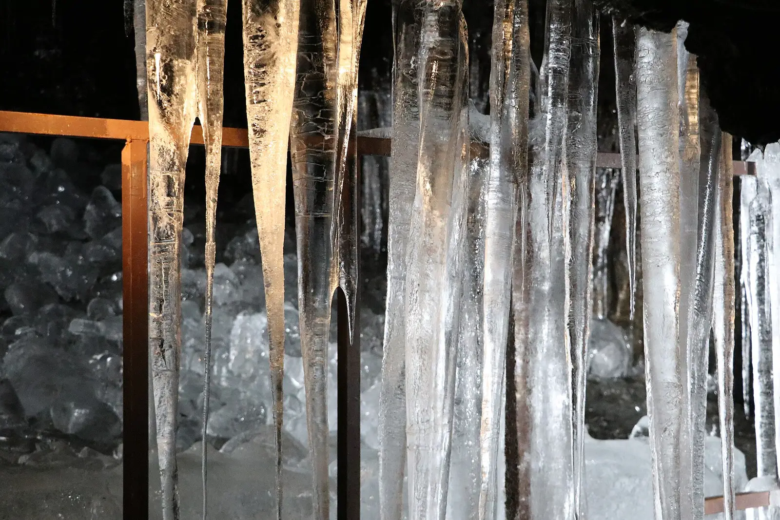 Long icicles hanging inside Narusawa Ice Cave