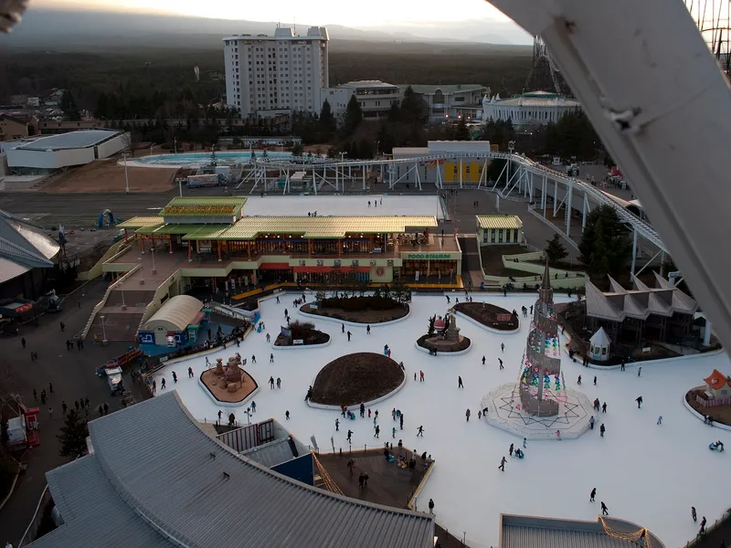 Fuji-Q Highland seen from above: food hall, ice rink and roller coaster track